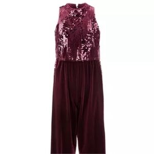 Bonnie Jean Burgundy Velvet Sequin Wide Leg Dressy Jumpsuit Girls Size 14 NWT